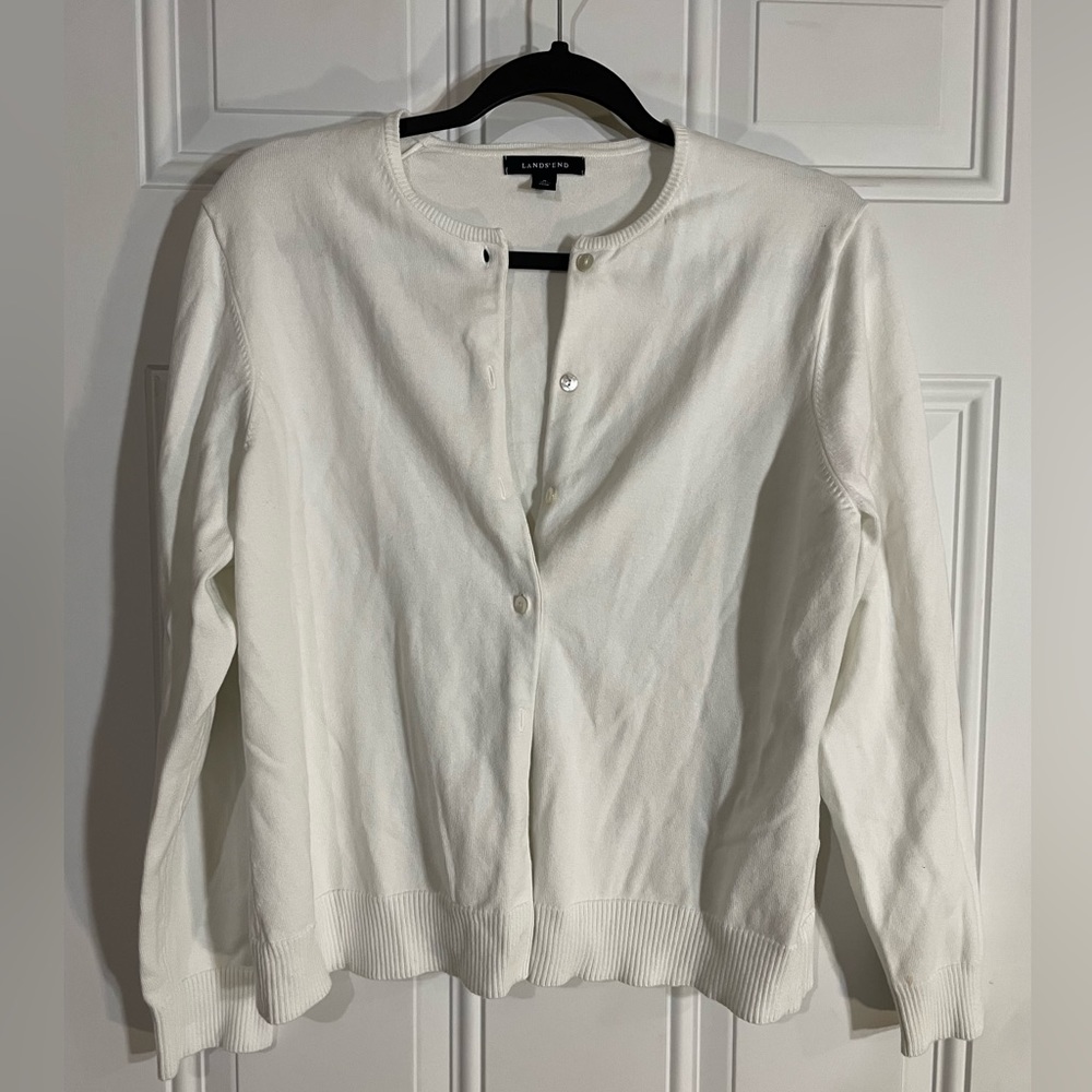 Lands End White Cardigan Sweater, M